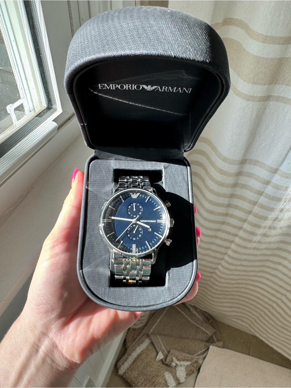 Emporio Armani Silver Watch with Blue Dial
